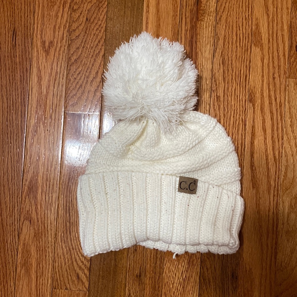 C.C White Knit Beanie With Pom OS